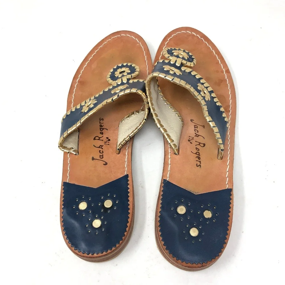 Jack Rogers Womens 10 Navajo Flat Sandals Navy Gold Whipstitch Leather Thong